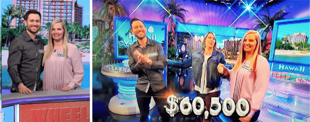 Three people celebrating on a colorful game show set with a $60.5K prize. three people celebrating on a colorful game show set with a $60.5K prize.
