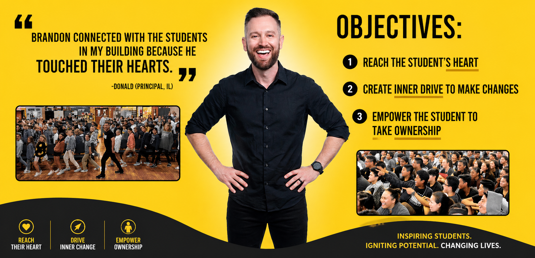 Brandon Lee White acting as a guest speaker for schools in a gymnasium.